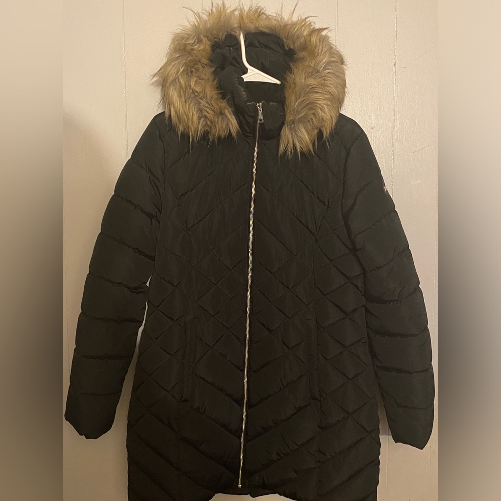 Laundry By Shelli Segal Womens Jacket Small Black Faux Fur Trim Puffer Coat